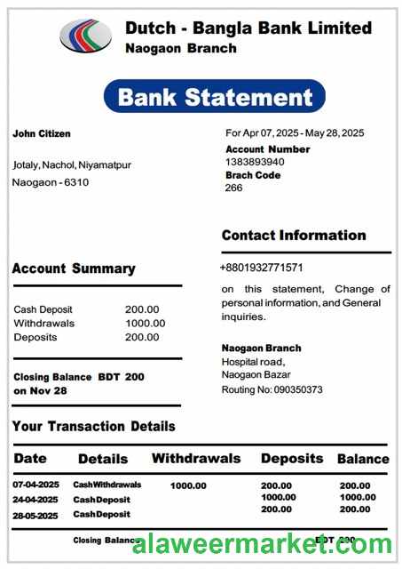 Bangladesh Dutch Bangla Bank Limited bank statement Word and PDF template